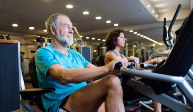 older man, woman on bikes at gym