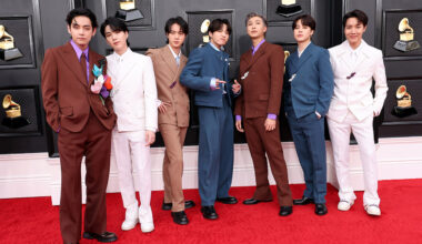 (L-R) V, Suga, Jin, Jungkook, RM, Jimin and J-Hope of BTS attend the 64th Annual GRAMMY Awards at MGM Grand Garden Arena on April 03, 2022 in Las Vegas, Nevada.