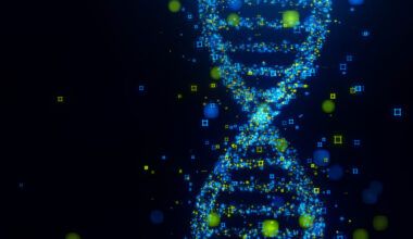 Digital generated image of DNA made out of blue and green data on black background.
