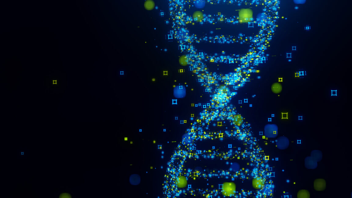 Digital generated image of DNA made out of blue and green data on black background.