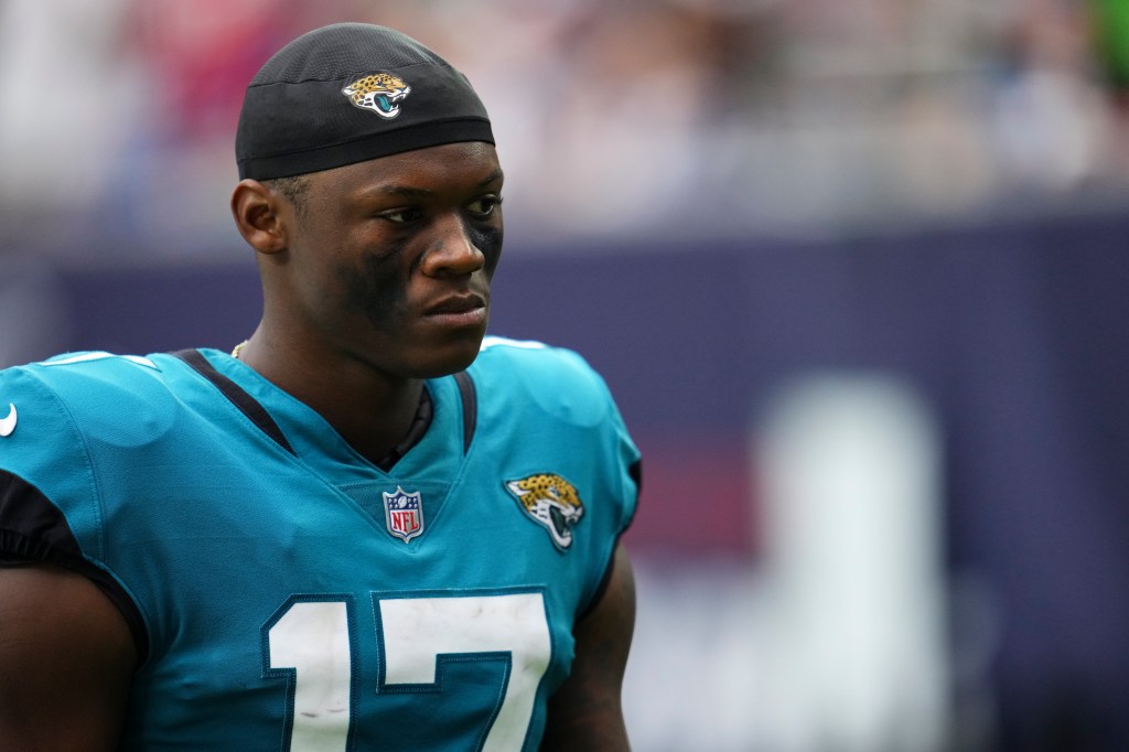 DJ Chark Jr. walks off of the field against the Houston Texans during an NFL game at NRG Stadium on September 12, 2021 in Houston, Texas.