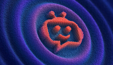 Chatbot icon on the digital futuristic blue wavy background. 3d Illustration with bright colors and pixelated technology.