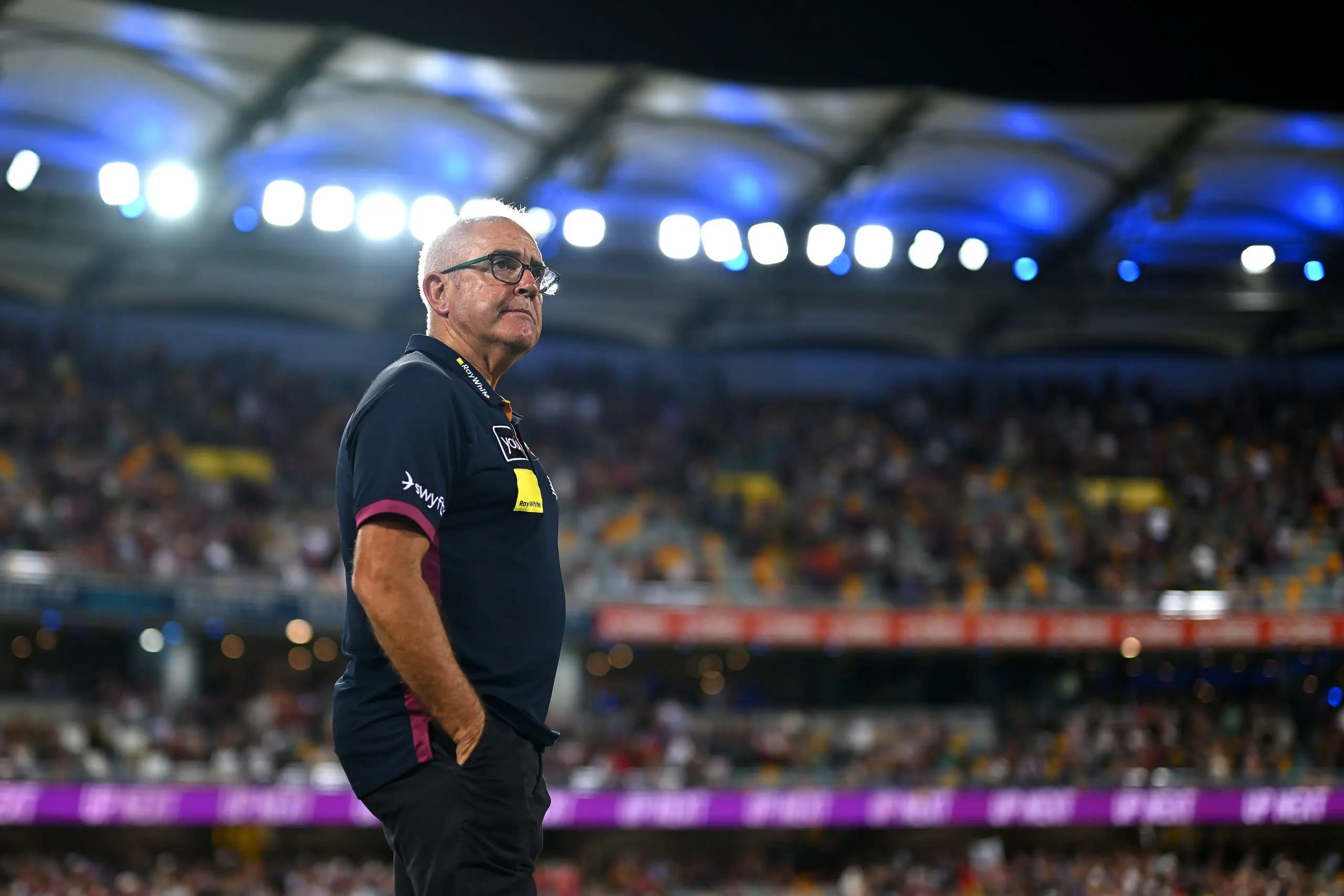 BRISBANE, AUSTRALIA - MARCH 29: Brisbane Lions senior coach Chris Fagan looks on after his team's victory during the round three AFL match between Brisbane Lions and Geelong Cats at The Gabba, on March 29, 2025, in Brisbane, Australia. (Photo by Albert Perez/AFL Photos via Getty Images)