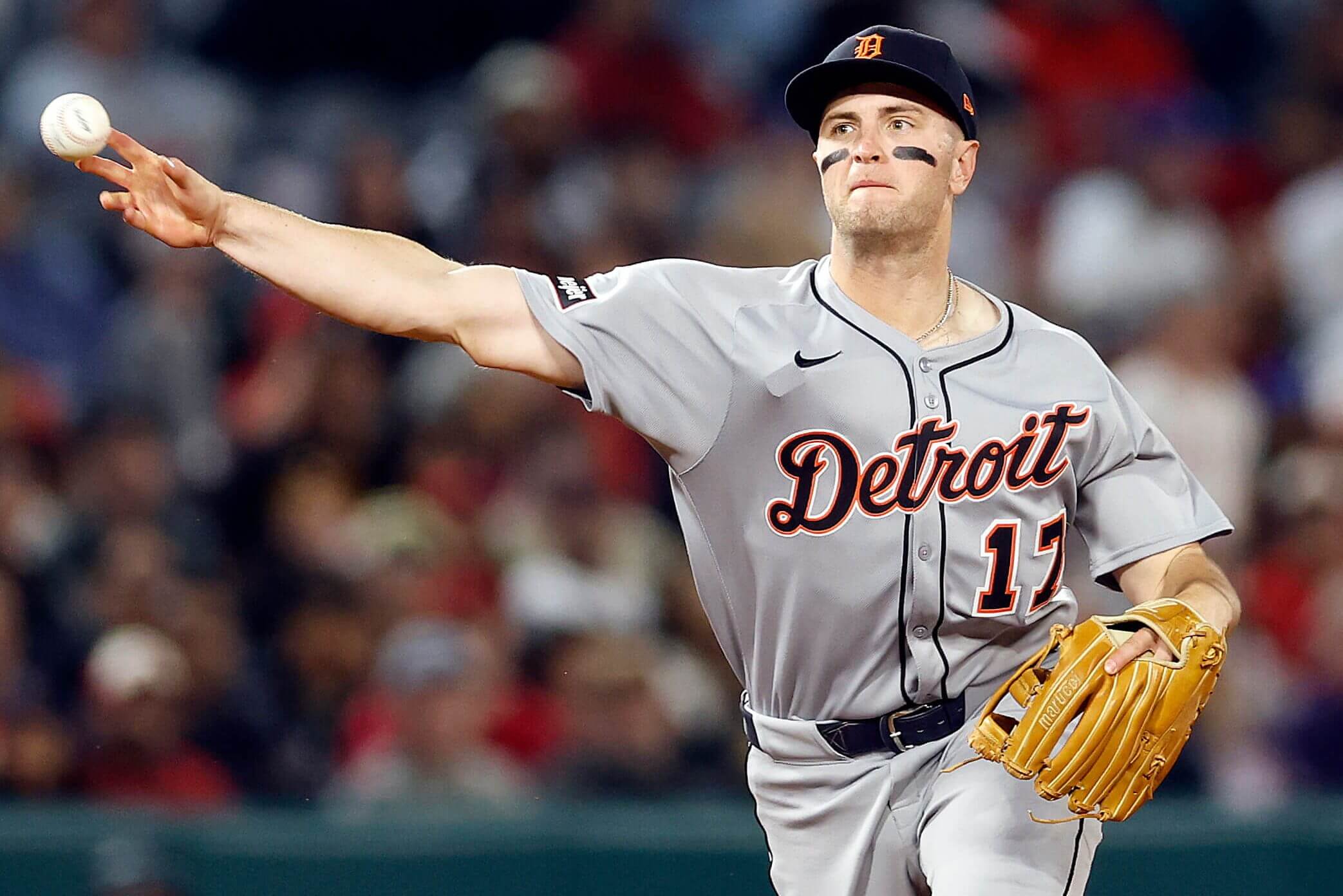Jace Jung #17 of the Detroit Tigers fields the play against the Los Angeles Angels in the eighth inning at Angel Stadium of Anaheim on May 02, 2025 in Anaheim, California. 