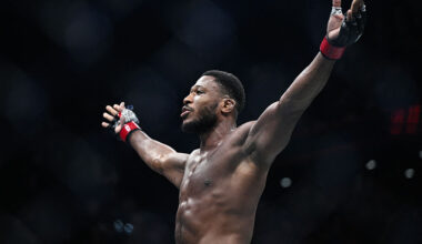 France's Oumar Sy celebrates after defeating Brazil's Brendson Ribeiro (unseen) during their mixed martial arts at the 4th edition of the Ultimate Fighting Championship (UFC) light heavyweight preliminary fights at the Bercy Accor Arena, in Paris, on September 6, 2025. (Photo by JULIEN DE ROSA / AFP via Getty Images)