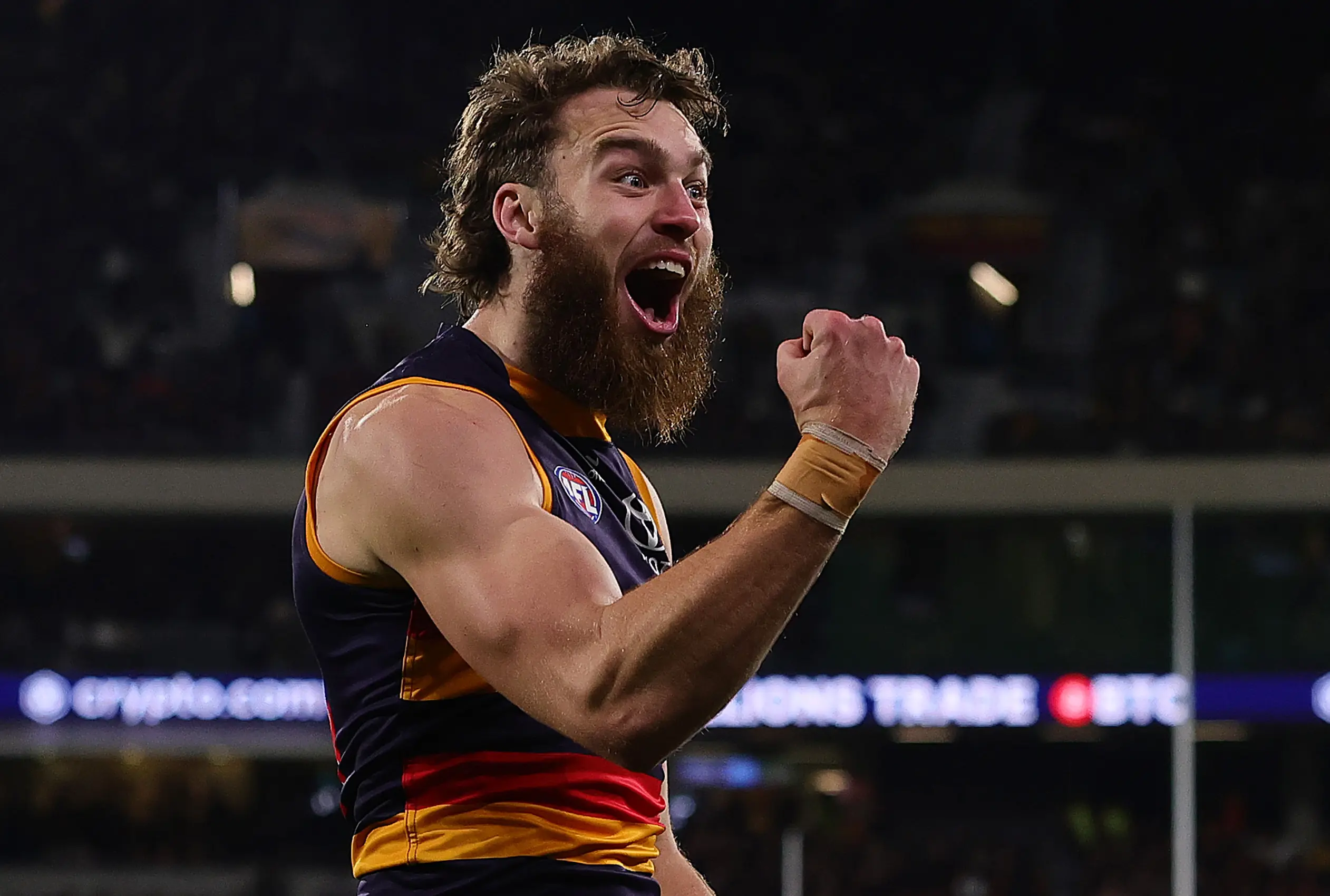 ADELAIDE, AUSTRALIA - SEPTEMBER 12: Riley Thilthorpe of the Crows celebrates a goal during the AFL First Semi Final match between the Adelaide Crows and the Hawthorn Hawks at Adelaide Oval on September 12, 2025 in Adelaide, Australia. (Photo by Sarah Reed/AFL Photos via Getty Images)