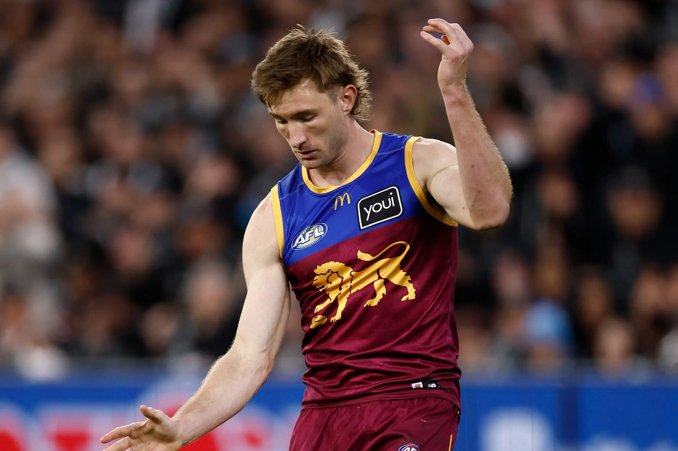 MELBOURNE, AUSTRALIA - SEPTEMBER 20: Harris Andrews of the Lions kicks the ball during the AFL First Preliminary Final match between the Collingwood Magpies and the Brisbane Lions at the Melbourne Cricket Ground on September 20, 2025 in Melbourne, Australia. (Photo by Michael Willson/AFL Photos via Getty Images)