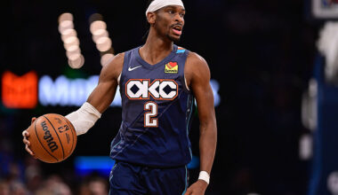 Shai Gilgeous-Alexander dribbles during an Oklahoma City Thunder game, featured in today’s NBA player prop and longshot parlays.