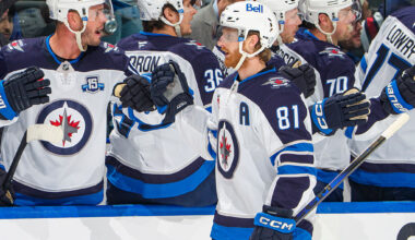VANCOUVER, CANADA - FEBRUARY 25: Kyle Connor #81 of the Winnipeg Jets celebrates his goal with teammates during the first period of their NHL game against the Vancouver Canucks at Rogers Arena on February 25, 2026 in Vancouver, British Columbia, Canada. (Photo by Jeff Vinnick/NHLI via Getty Images)