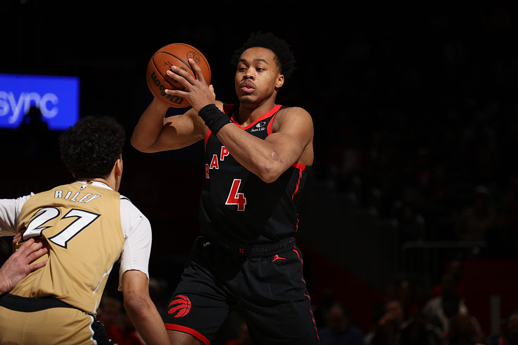 WASHINGTON, DC -  FEBRUARY 28: Scottie Barnes #4 of the Toronto Raptors handles the ball during the game against the Washington Wizards on February 28, 2026 at Capital One Arena in Washington, DC. NOTE TO USER: User expressly acknowledges and agrees that, by downloading and or using this Photograph, user is consenting to the terms and conditions of the Getty Images License Agreement. Mandatory Copyright Notice: Copyright 2026 NBAE (Photo by Stephen Gosling/NBAE via Getty Images)