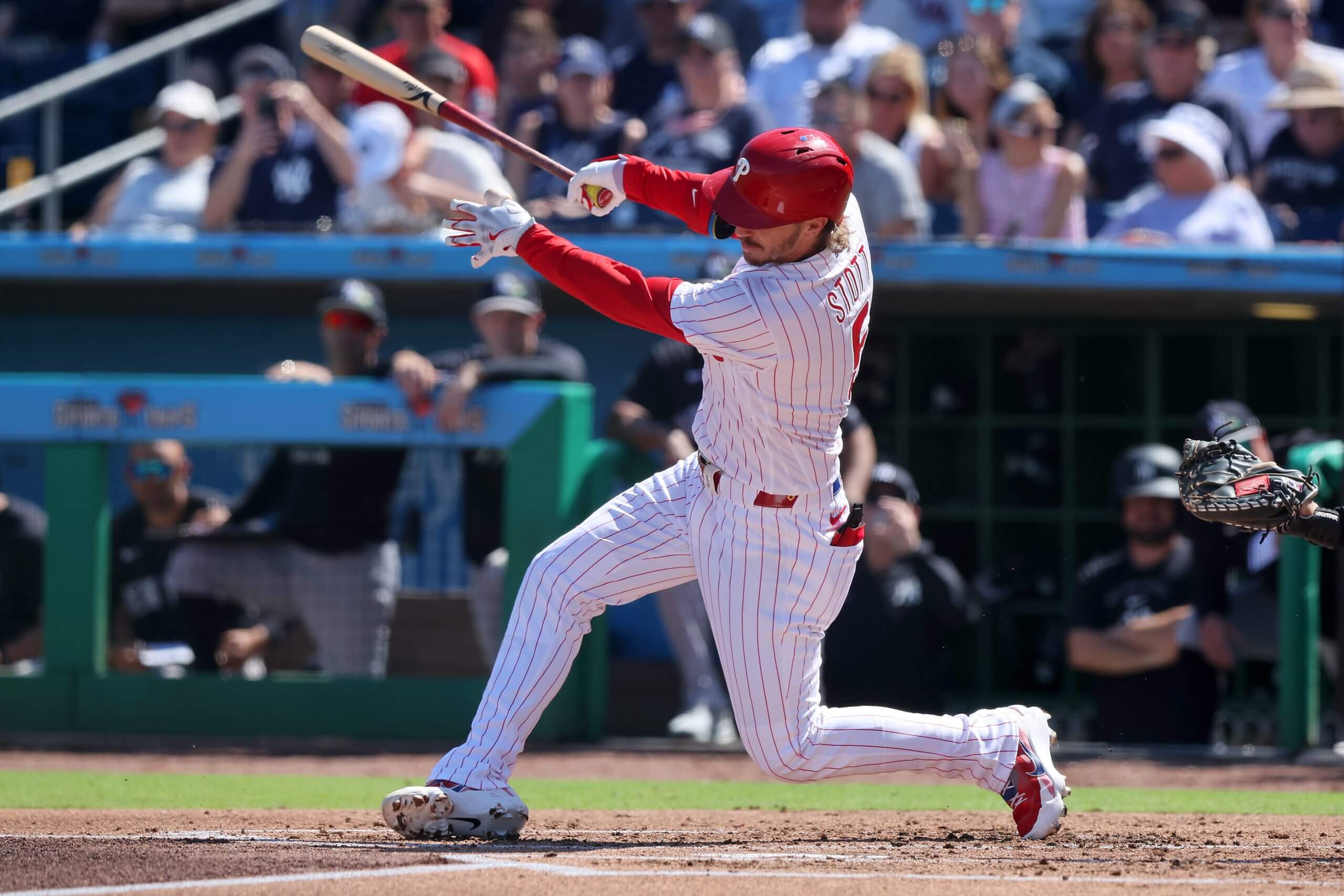 Philadelphia Phillies Infielder Bryson Stott (5) at bat during the spring training game between the New York Yankees and the Philadelphia Phillies on March 01, 2026 at BayCare Ballpark in Clearwater, Florida. 