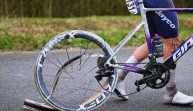 NIVONE, BELGIUM - FEBRUARY 28: Detail of the exploded tire of Amaury Capiot of Belgium and Team Jayco AlUla during the 21st Omloop Het Nieuwsblad 2026, Men