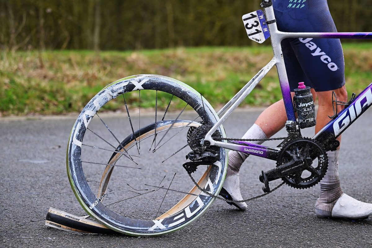 NIVONE, BELGIUM - FEBRUARY 28: Detail of the exploded tire of Amaury Capiot of Belgium and Team Jayco AlUla during the 21st Omloop Het Nieuwsblad 2026, Men