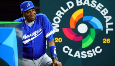 Manager Dusty Baker Jr. of Team Nicaragua stands in the dugout in front of the World Baseball Classic logo.
