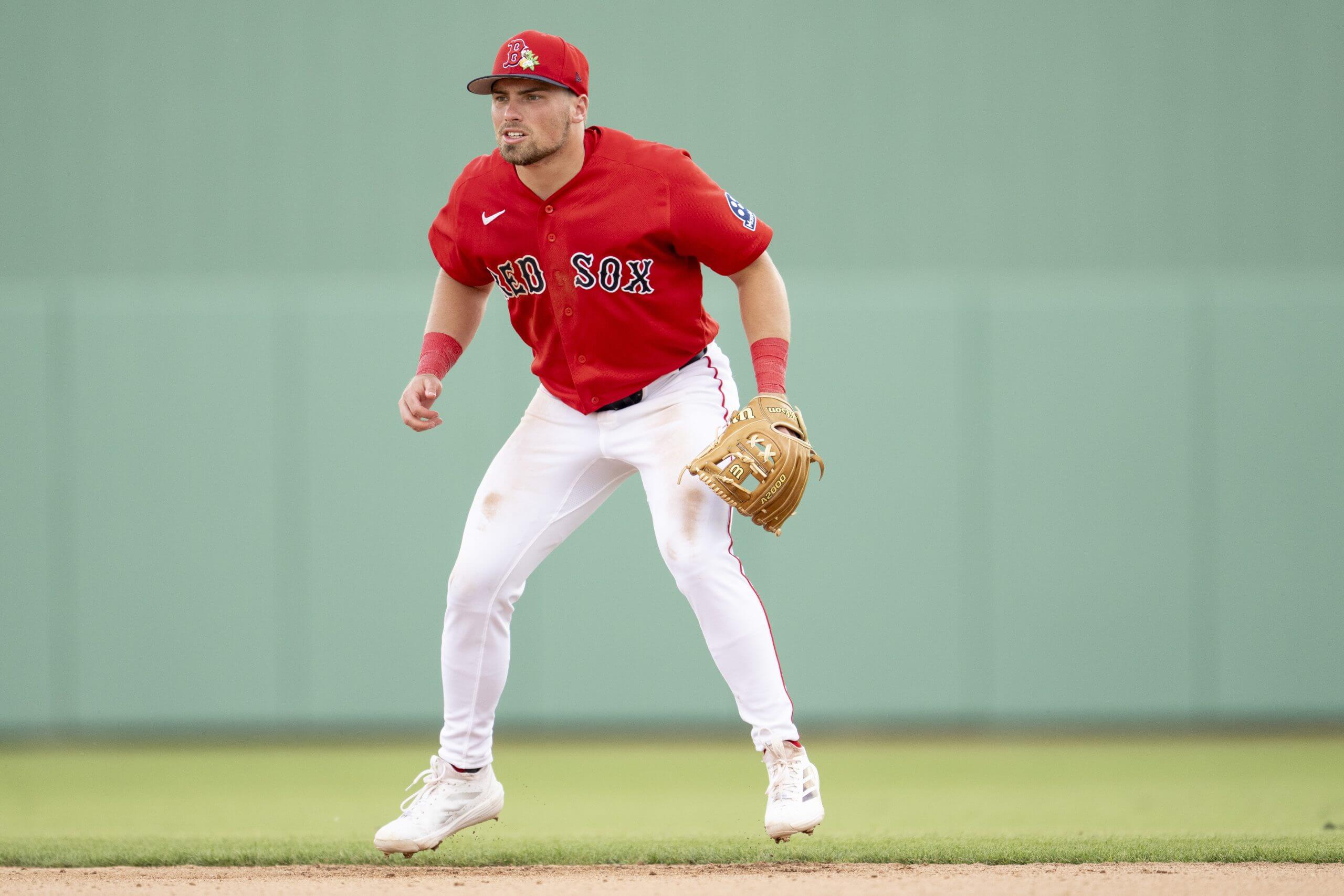 Caleb Durbin #17 of the Boston Red Sox looks on during a spring training game against the Tampa Bay Rays at JetBlue Park at Fenway South on March 7, 2026 in Fort Myers, Florida.
