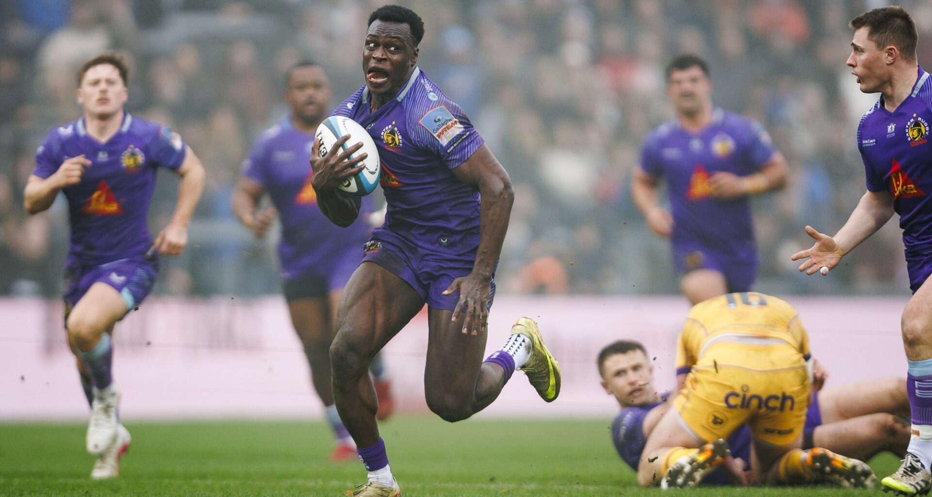 Exeter Chiefs' Paul Brown-Bampoe runs with the ball during the 2026 Prem Rugby Cup semi-final against Northampton Saints