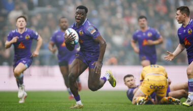 Exeter Chiefs' Paul Brown-Bampoe runs with the ball during the 2026 Prem Rugby Cup semi-final against Northampton Saints