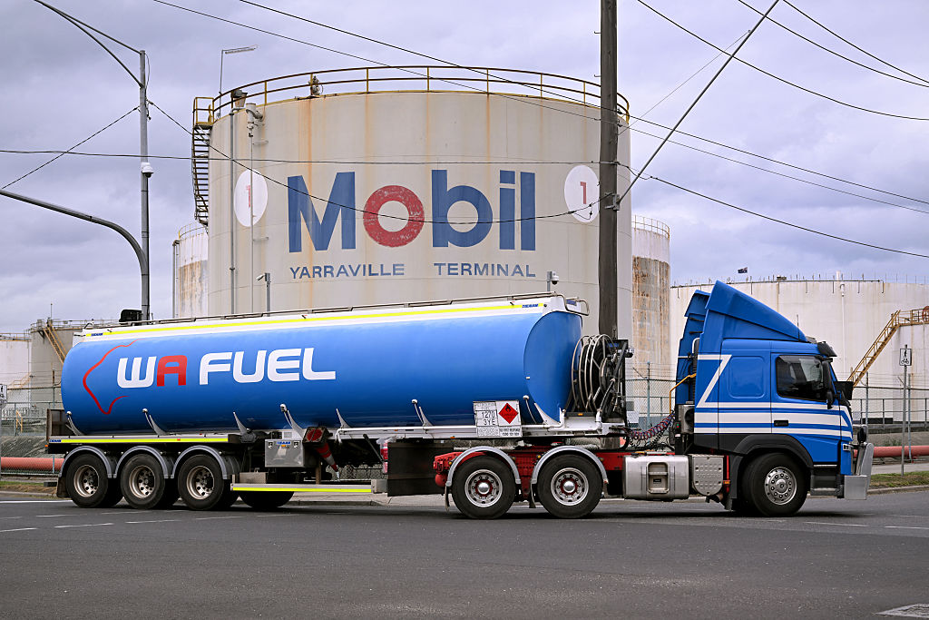 A fuel tanker passes the Mobil fuel distribution centre in the Melbourne suburb of Yarraville (William West/AFP via Getty Images)