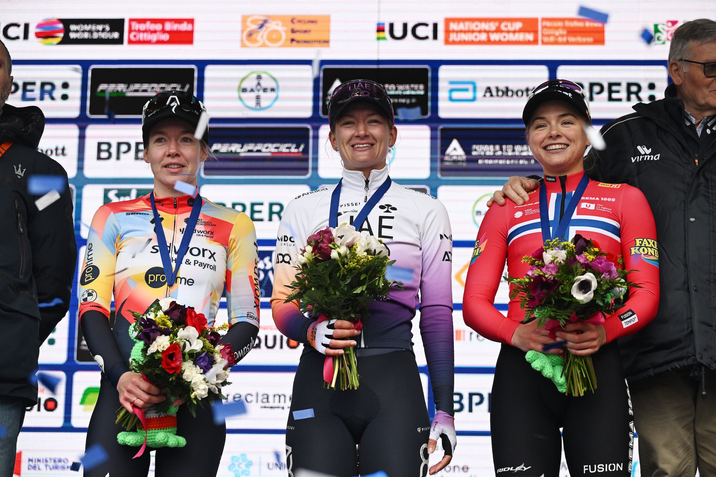 Anna van der Breggen (Team SD Worx - Protime), race winner Karlijn Swinkels (UAE Team ADQ) and Mie Bjorndal Ottestad (Team Uno-X Mobility) after the Trofeo Alfredo Binda 2026 (Photo: Luc Claessen/Getty Images)