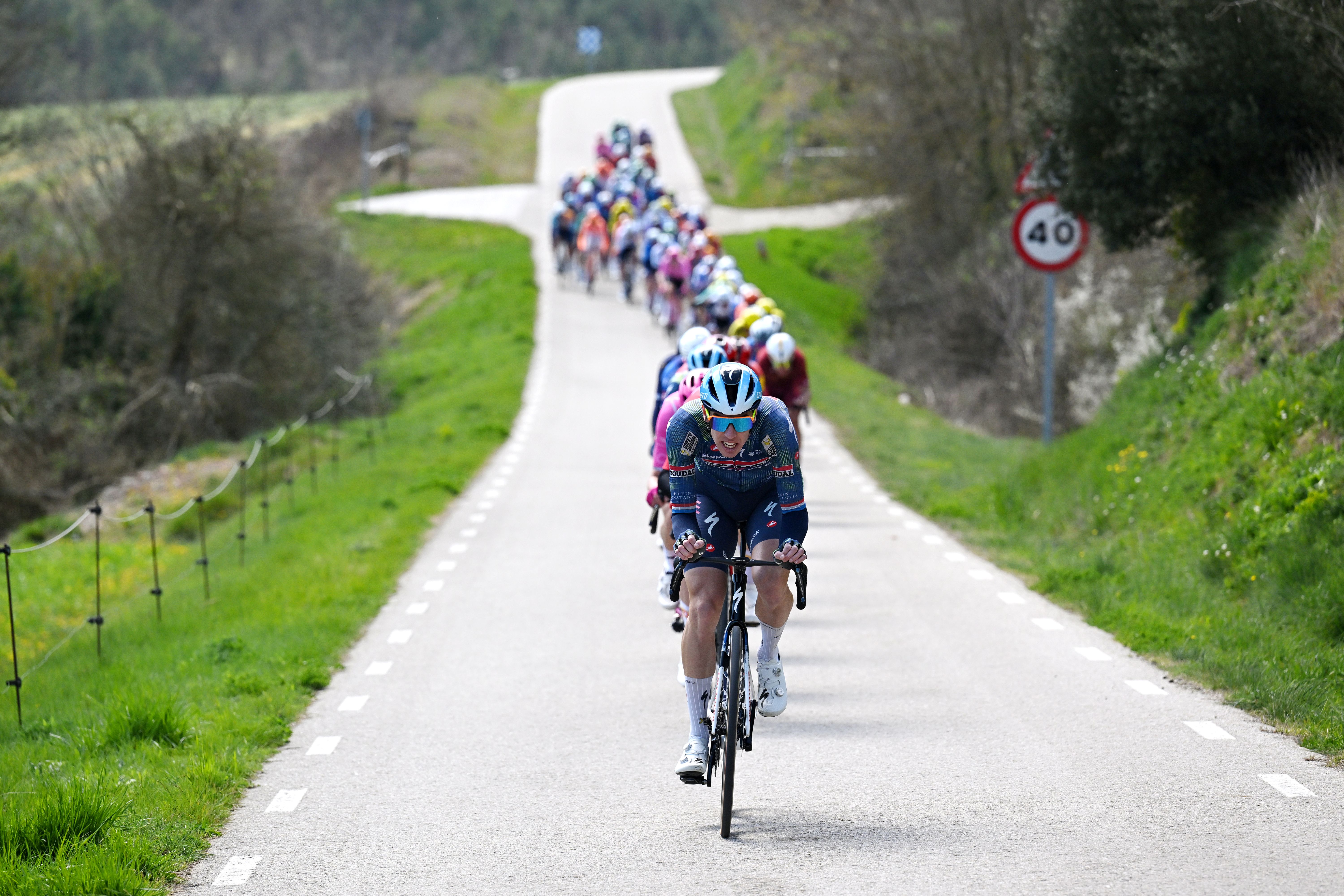 QUERALT, SPAIN - MARCH 28: Pascal Eenkhoorn of Netherlands and Team Soudal Quick-Step leads the peloton during the 105th Volta a Catalunya 2026, Stage 6 a 158.2km stage from La Berga to Queralt 1133m / #UCIWT / on March 28, 2026 in Queralt, Spain. (Photo by Szymon Gruchalski/Getty Images)