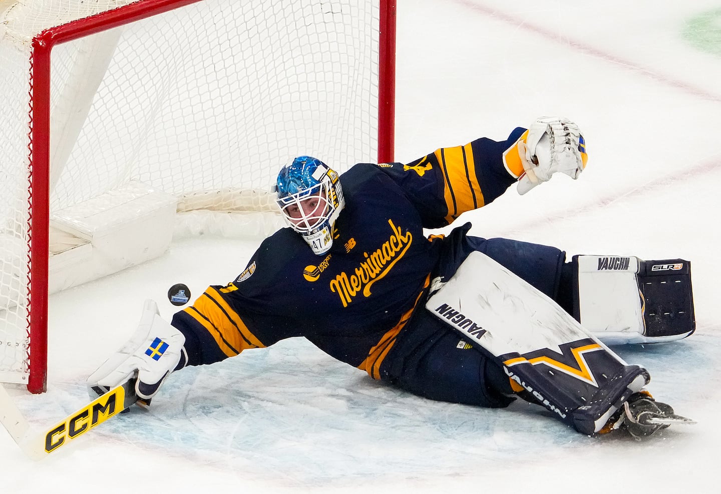 Max Lundgren backstopped Merrimack to its Cinderella-like Hockey East tournament title at TD Garden and an NCAA Tournament berth. 