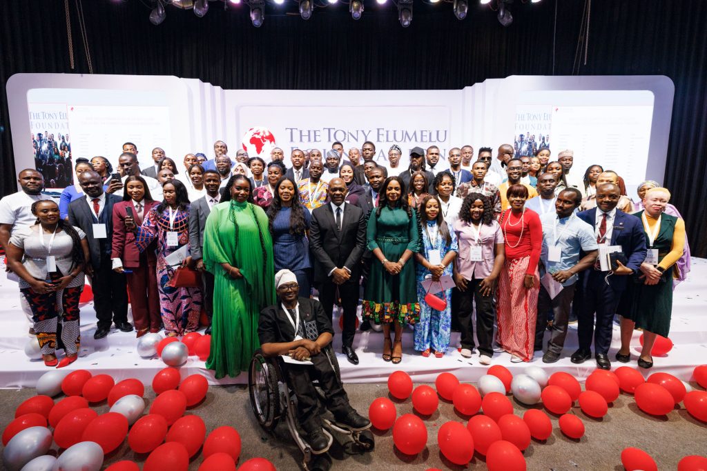 Cohort 2026, TEF Selection Announcement at Abuja. A cross-section of Tony Elumelu Foundation (TEF) Alumni pictured with (from center-left) Somachi Chris-Asoluka, CEO, Tony Elumelu Foundation; Tony O. Elumelu, CFR, Founder, Tony Elumelu Foundation; and Dr Awele V. Elumelu, OFR, Co-Founder, Tony Elumelu Foundation