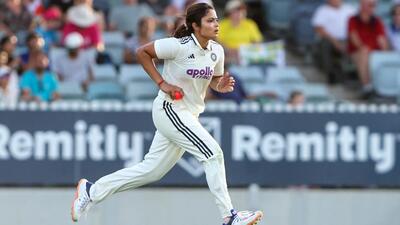 India pacer Sayali Satghare, who took four wickets, in action on Day 2 of the pink-ball Test against Australia women at the WACA Ground in Perth on Saturday. (BCCI Photo)