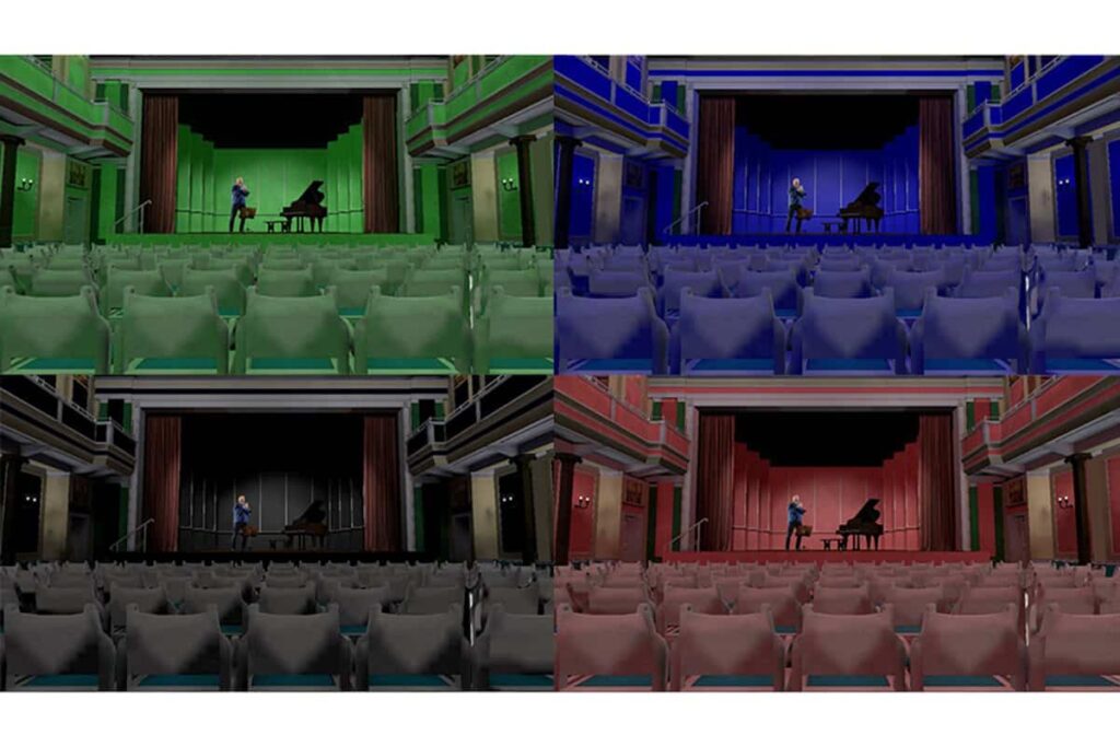 Theater stage and seating in four different colors