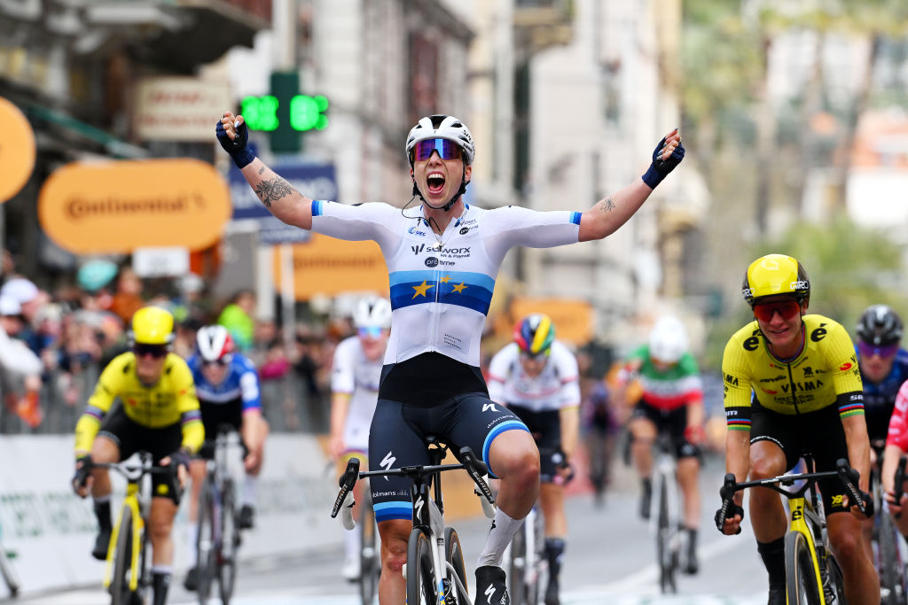 SANREMO, ITALY - MARCH 22: (L-R) Lorena Wiebes of Netherlands and Team SD Worx - Protime celebrates at finish line as race winner ahead of Marianne Vos of Netherlands and Team Visma | Lease a Bike during the 1st Sanremo Women 2025 a 156km one day race from Genova to Sanremo / #UCIWWT / on March 22, 2025 in Sanremo, Italy. (Photo by Tim de Waele/Getty Images)