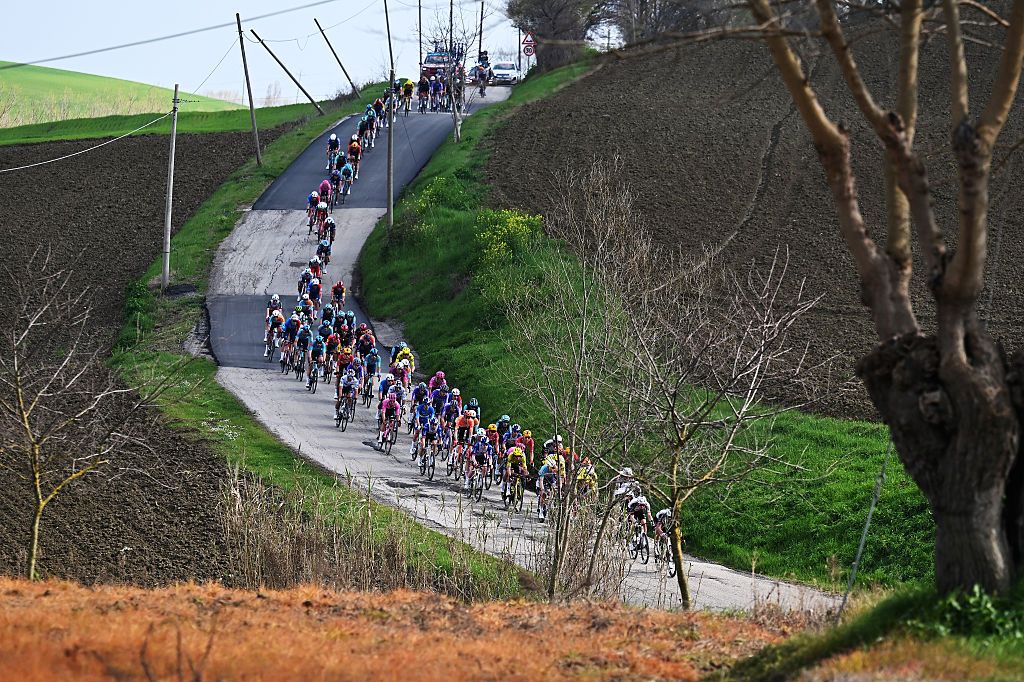 MOMBAROCCIO, ITALY - MARCH 13: A general view of the peloton competing during the 61st Tirreno-Adriatico 2026, Stage 5 a 184km stage from Marotta-Mondolfo to Mombaroccio 309m / #UCIWT / on March 13, 2026 in Mombaroccio, Italy. (Photo by Tim de Waele/Getty Images)