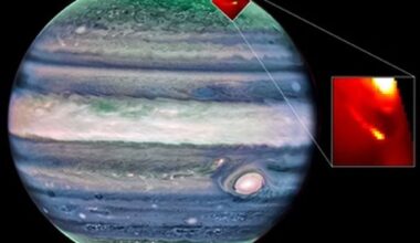 This image shows the two auroral footprints in Jupiter's aurora borealis created by the moons Io and Europa. The JWST observed these footprints and provided the first spectral measurements. These showed extreme temperature and densities in Io's footprint, a big surprise to the researchers behind the work. Image Credits: Webb/NIRCam Credit: NASA, ESA, CSA, Jupiter ERS Team; image processing by Judy Schmidt. Webb/NIRSpec Credit: Katie L. Knowles (Northumbria University).