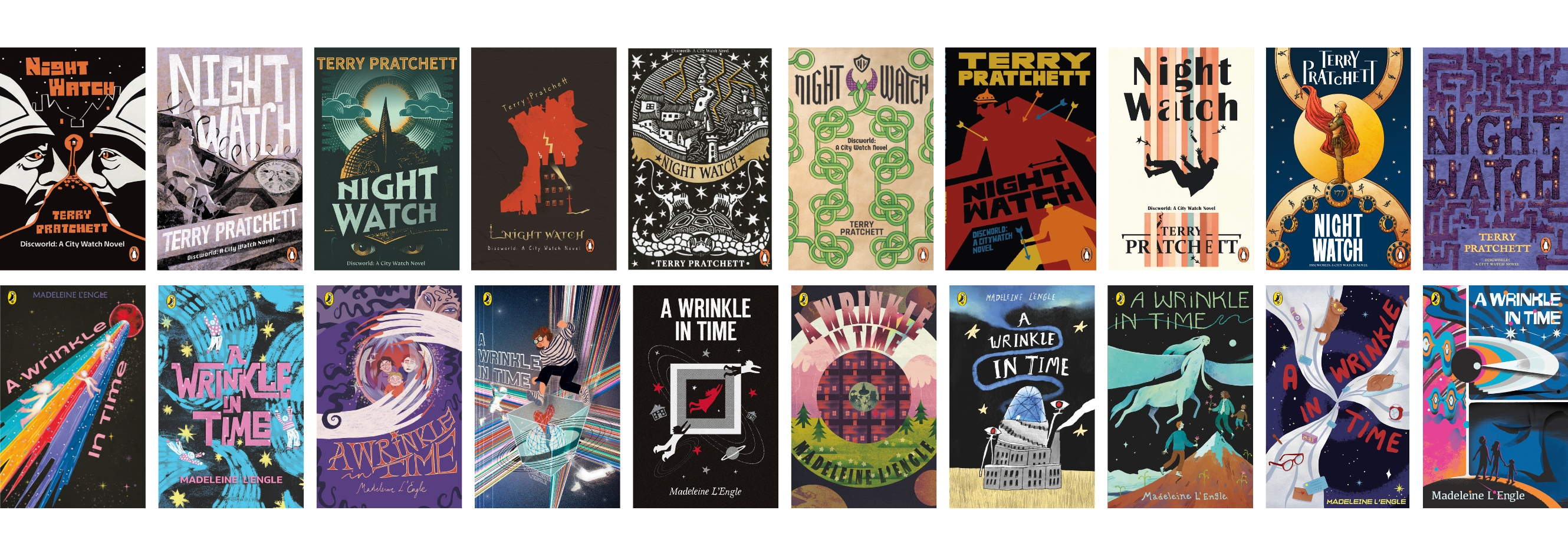 Penguin fantasy-themed Cover Design Award shortlisted entries for Terry Pratchett's Night Watch and A Wrinkle in Time