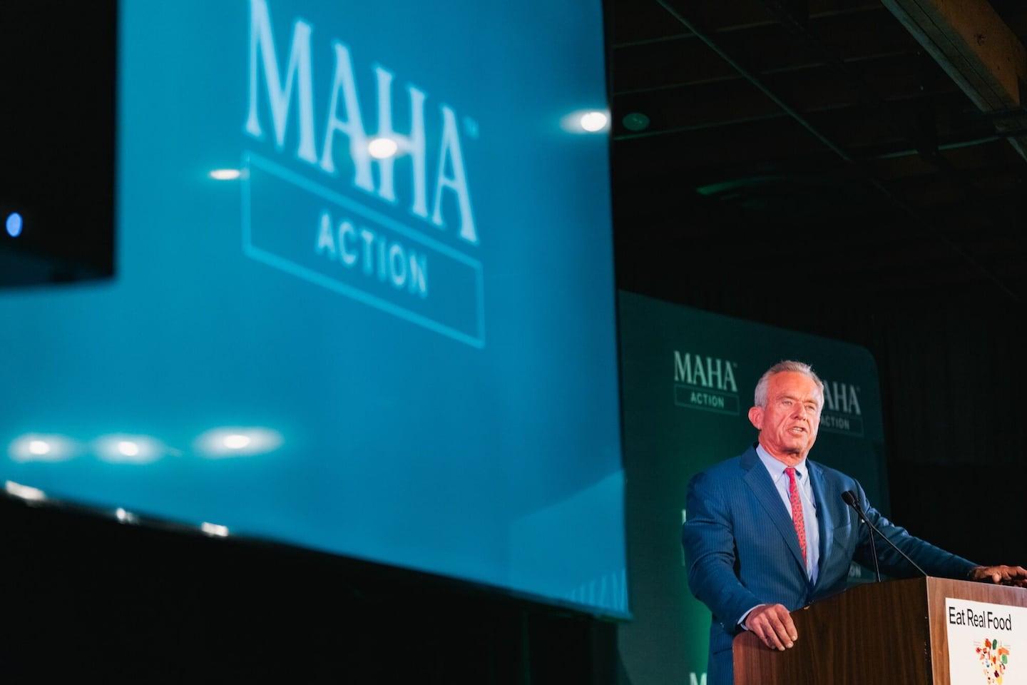 Robert F. Kennedy Jr. spoke during an "Eat Real Food" rally at Brazos Hall in Austin, Texas, last month.