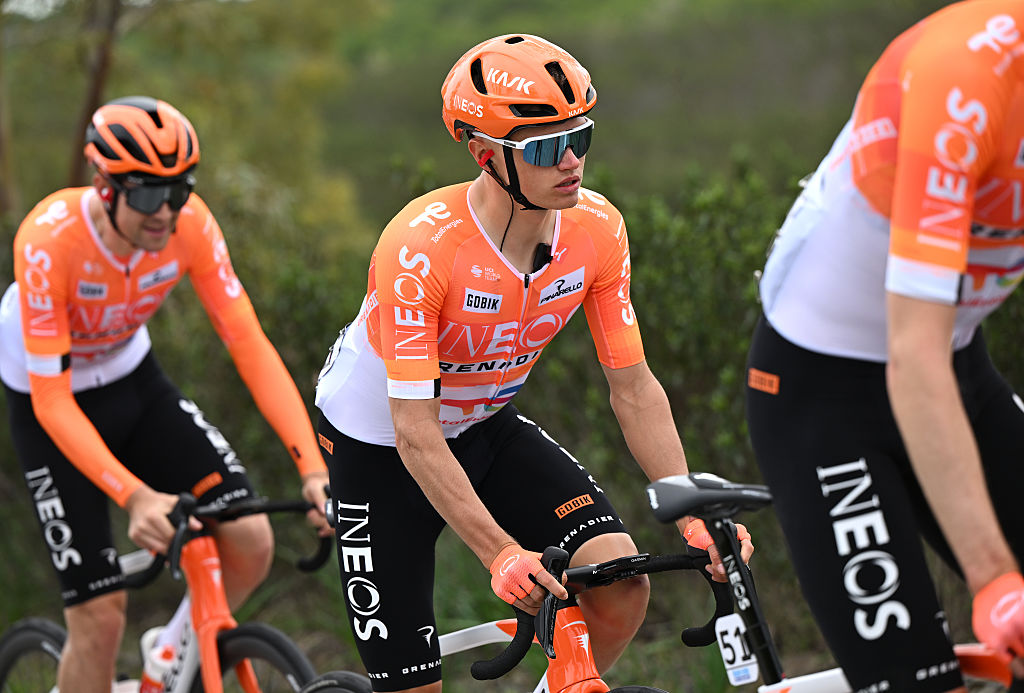 TAVIRA, PORTUGAL - FEBRUARY 18: Oscar Onley of Great Britain and Team INEOS Grenadiers competes during the 52nd Volta ao Algarve em Bicicleta 2026 - Stage 1 a 183.5km stage from Vila Real de Santo Antonio to Tavira on February 18, 2026 in Tavira, Portugal. (Photo by Dario Belingheri/Getty Images)