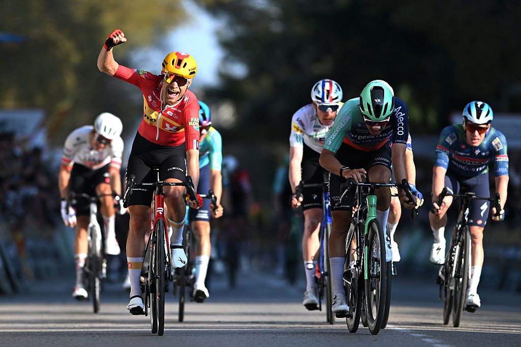 BANYOLES, SPAIN - MARCH 24: Stage winner Magnus Cort of Denmark and Team Uno-X Mobility celebrates at finish line as stage winner ahead of Noa Isidore of France and Team Decathlon CMA CGM during the 105th Volta a Catalunya 2026, Stage 2 a 167.4km stage from Figueres to Banyoles / #UCIWT / on March 24, 2026 in Banyoles, Spain. (Photo by Szymon Gruchalski/Getty Images)