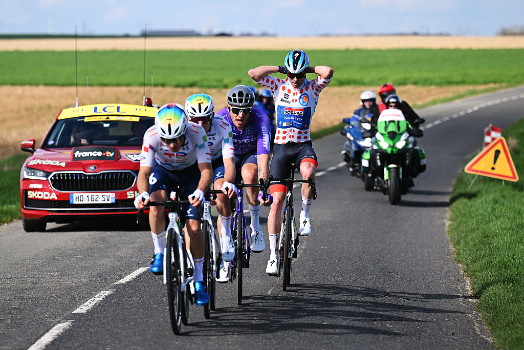 MONTARGIS, FRANCE - MARCH 09: Casper Pedersen of Denmark and Team Soudal Quick-Step - Polka dot Mountain Jersey competes in the breakaway during the 84th Paris-Nice 2026, Stage 2 a 187km stage from Epone to Montargis / #UCIWT / on March 09, 2026 in Montargis, France. (Photo by Szymon Gruchalski/Getty Images)