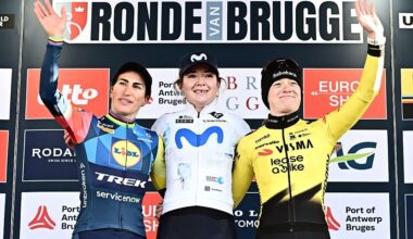 Runner-up Elisa Balsamo (Lidl-Trek) on the podium with winner Carys Lloyd (Movistar) and third-placed Nienke Veenhoven (Visma-Lease a Bike)