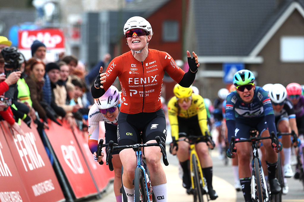TIELT-WINGE, BELGIUM - MARCH 01: Charlotte Kool of Netherlands and Team Fenix-Premier Tech celebrates at finish line as stage winner race winner during the 18th FENIX-EKOI Omloop van het Hageland 2026 a 141.8km one day race from Aarschot to Tielt-Winge on March 01, 2026 in Tielt-Winge, Belgium. (Photo by Rhode Van Elsen/Getty Images)