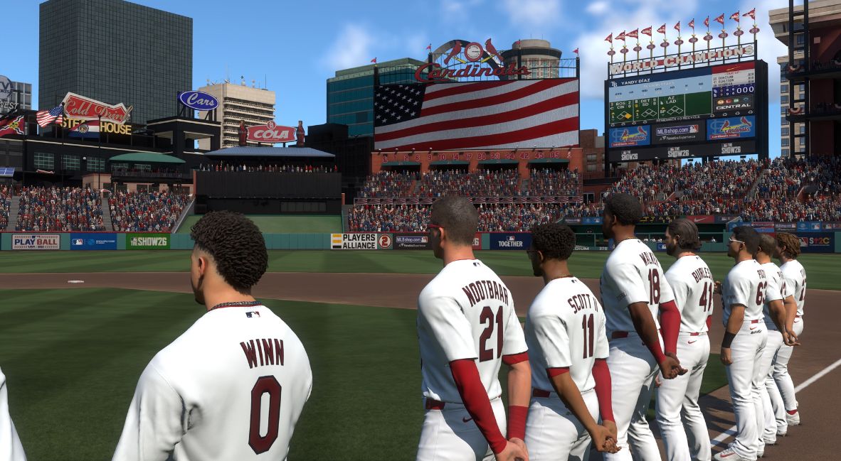 The players line up on the field