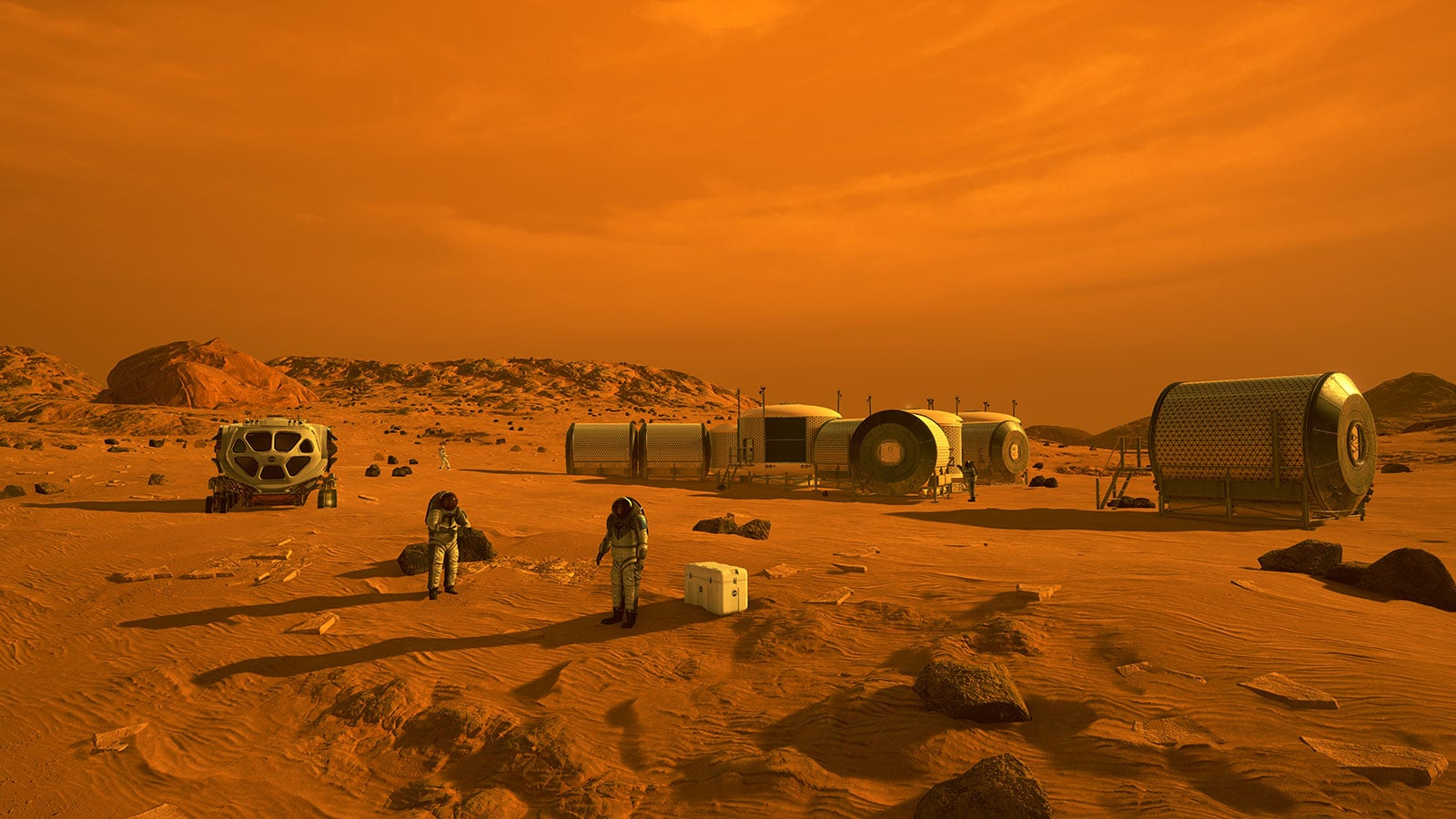 Astronauts working outside a habitat on the surface of Mars. Credit: NASA
