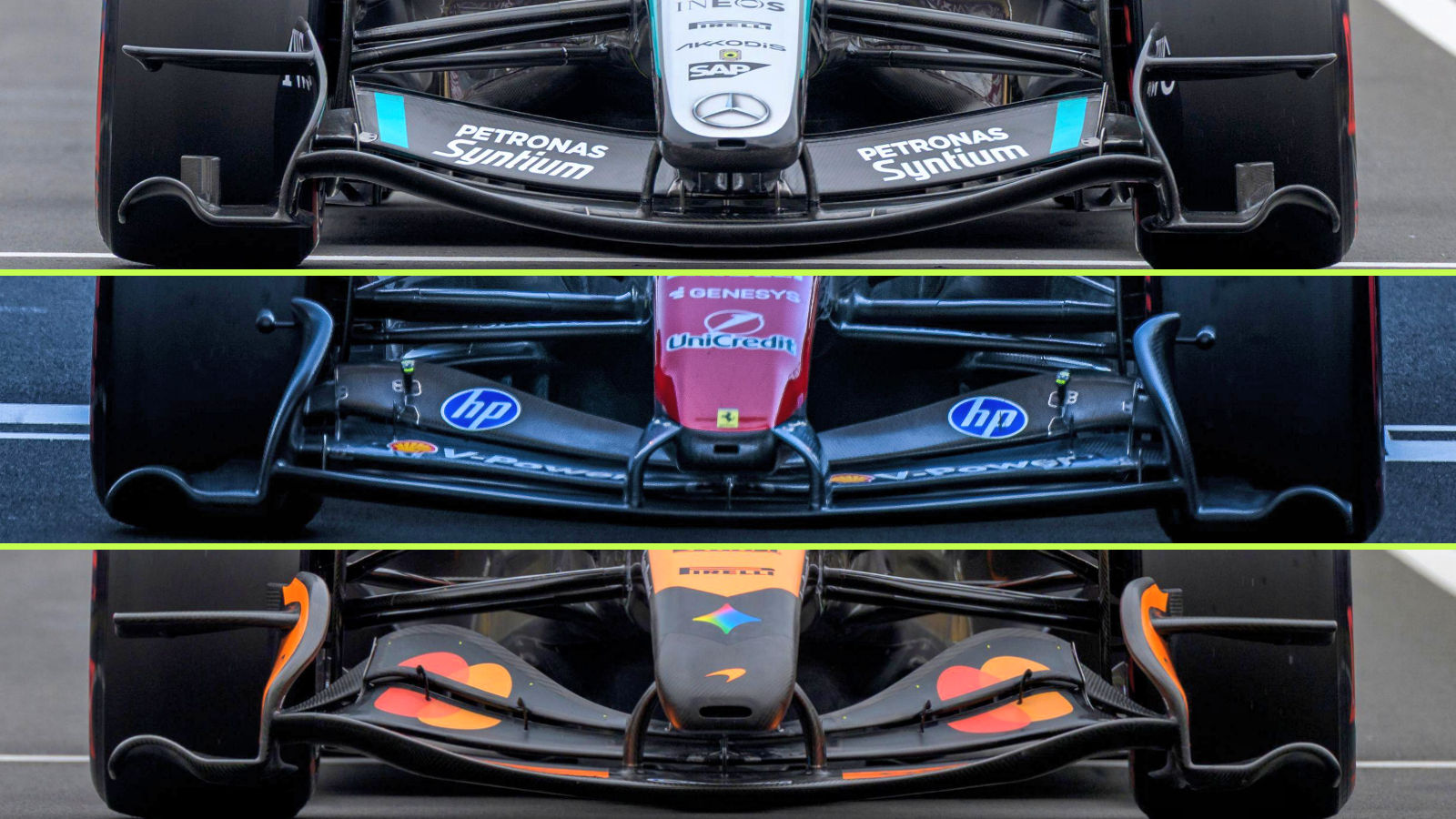 Mercedes, Ferrari & McLaren front wing comparison