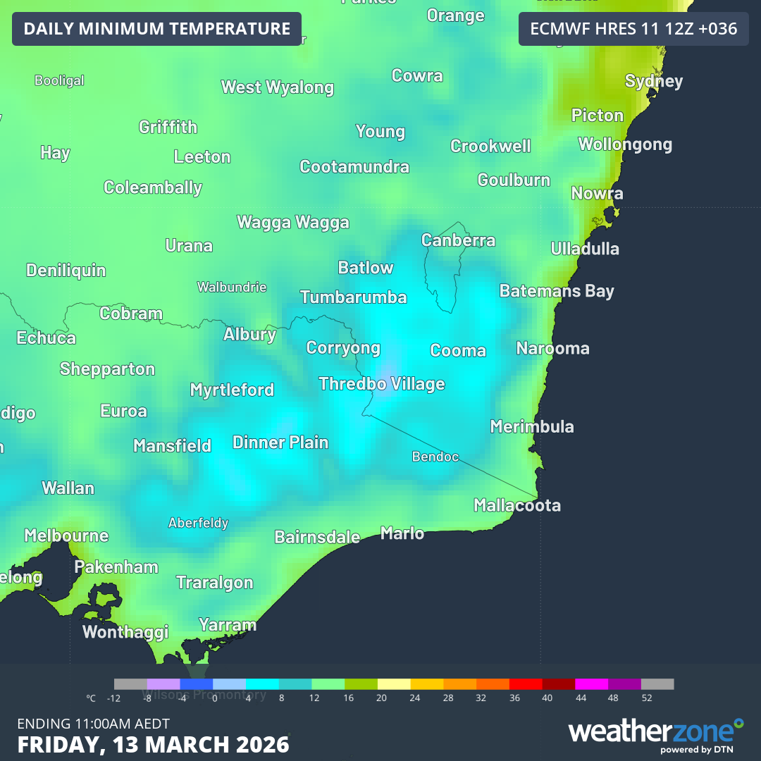 Minimum temperatures will be around zero in the mainland Australian high country on Friday, March 13, 2026. Source: Weatherzone.