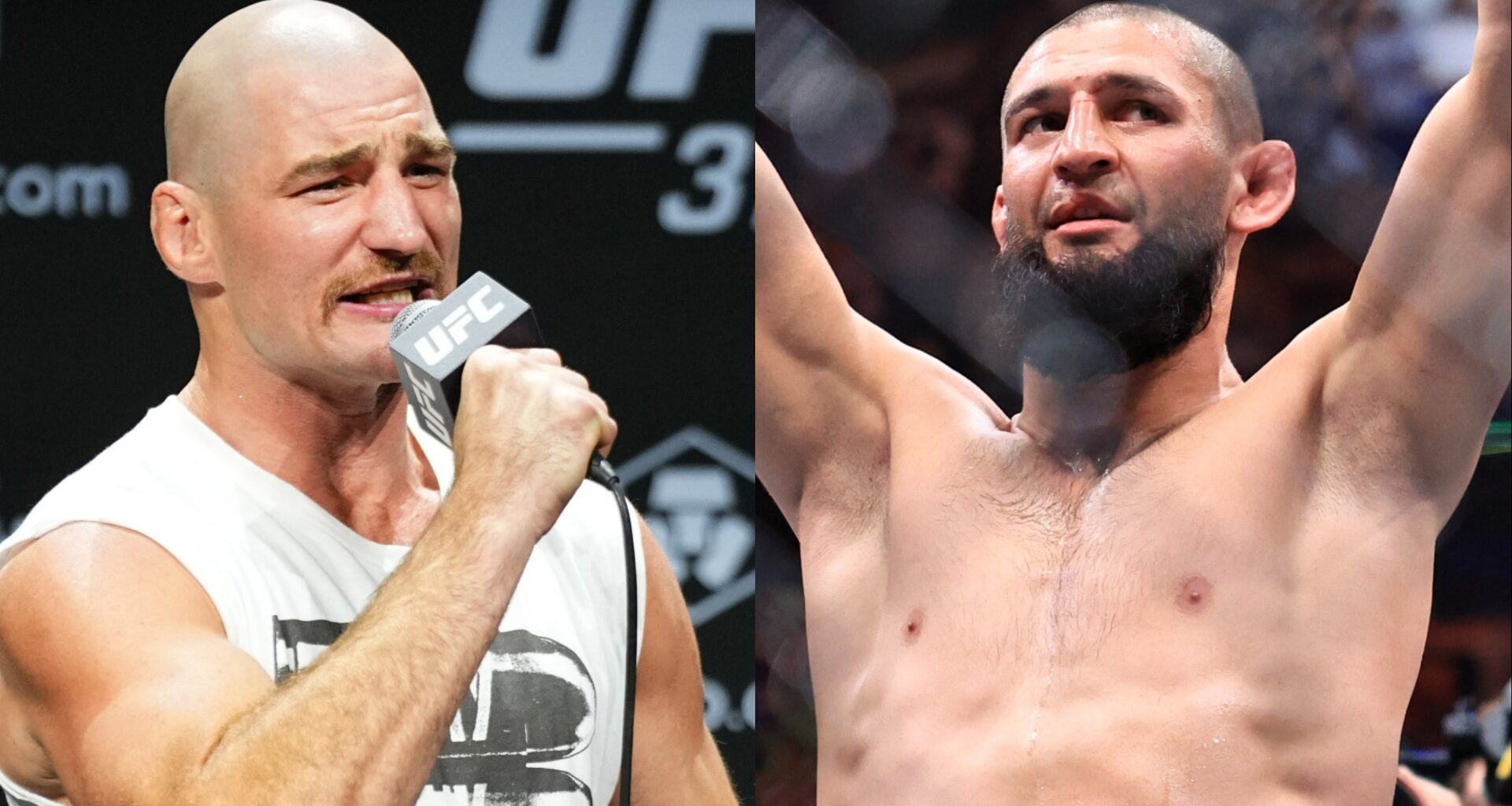 Sean Strickland speaks during the UFC 312 press conference, opposite Khamzat Chimaev celebrating his win at UFC 319