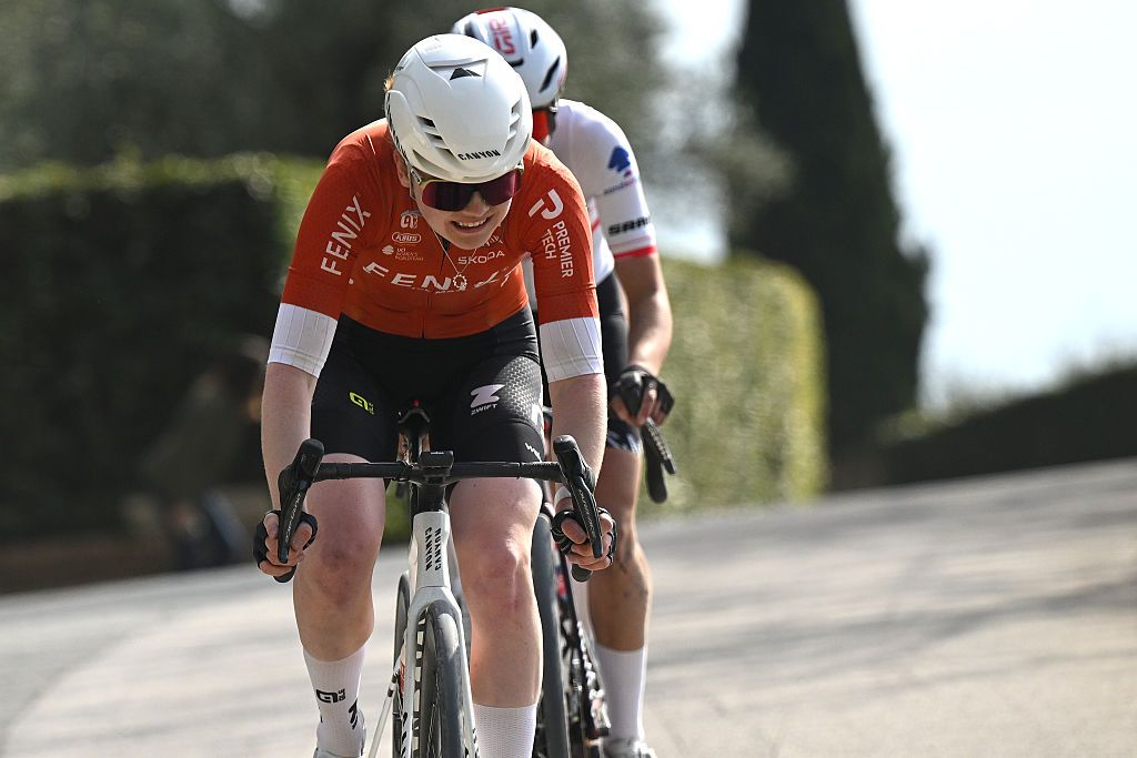 SIENA, ITALY - MARCH 07: Puck Pieterse of Netherlands and Team Fenix-Premier Tech competes during to the 12th Strade Bianche Donne 2026 a 133km one day race from Siena to Siena / #UCIWWT / on March 07, 2026 in Siena, Italy. (Photo by Luc Claessen/Getty Images)