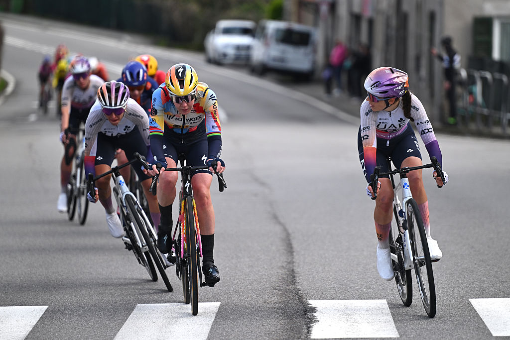 CITTIGLIO, ITALY - MARCH 15: (L-R) Silvia Persico of Italy and UAE Team ADQ, Anna van der Breggen of Netherlands and Team SD Worx - Protime and Eleonora Camilla Gasparrini of Italy and UAE Team ADQ compete in the breakaway during the 27th Trofeo Alfredo Binda - Comune di Cittiglio 2026 a 152.7km one dat race from Luino to Cittiglio / #UCIWWT / on March 15, 2026 in Cittiglio, Italy.Luino, Italy. (Photo by Luc Claessen/Getty Images)