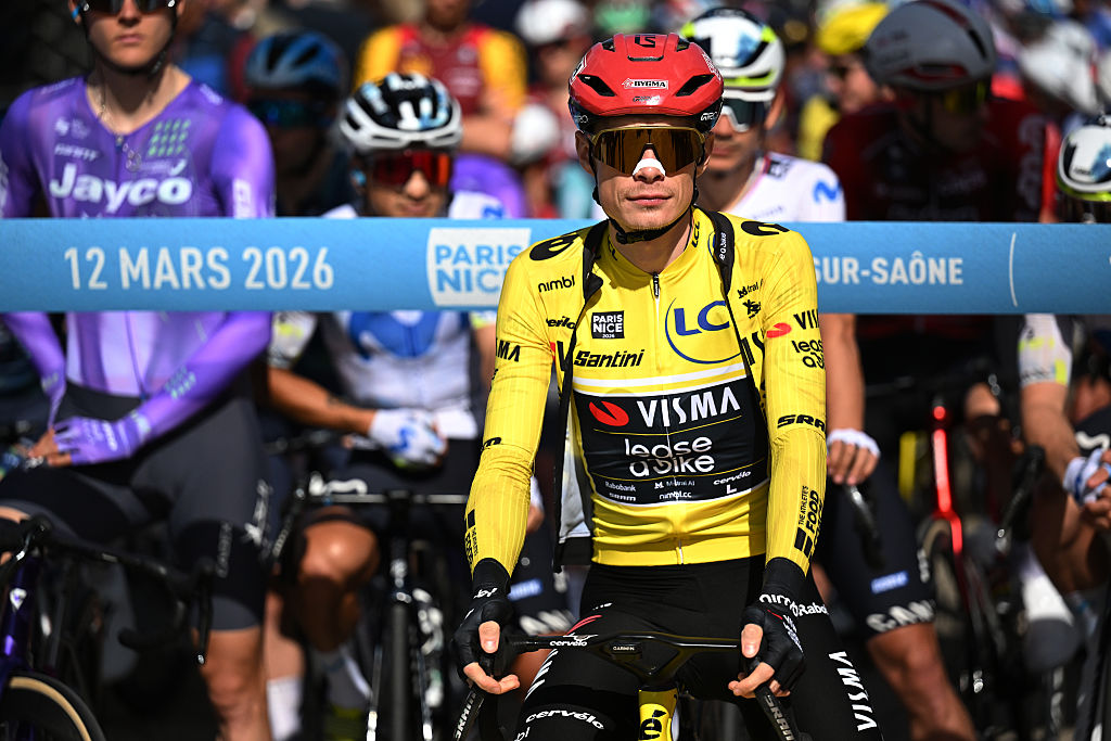 CORMORANCHE-SUR-SAONE, FRANCE - MARCH 12: Jonas Vingegaard of Denmark and Team Visma | Lease a Bike - Yellow Leader Jersey prior to the 84th Paris-Nice 2026, Stage 5 a 206.3km stage from Cormoranche-sur-Saone to Colombier-le-Vieux / #UCIWT / on March 12, 2026 in Cormoranche-sur-Saone, France. (Photo by Szymon Gruchalski/Getty Images)
