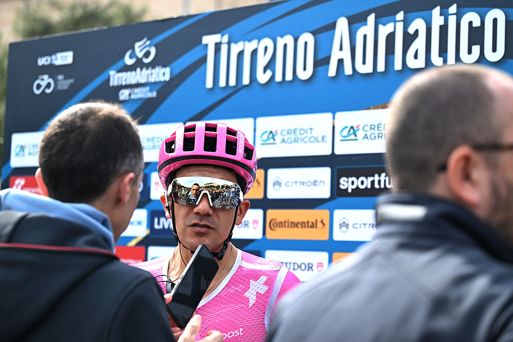 Richard Carapaz talks to the media at Tirreno-Adriatico