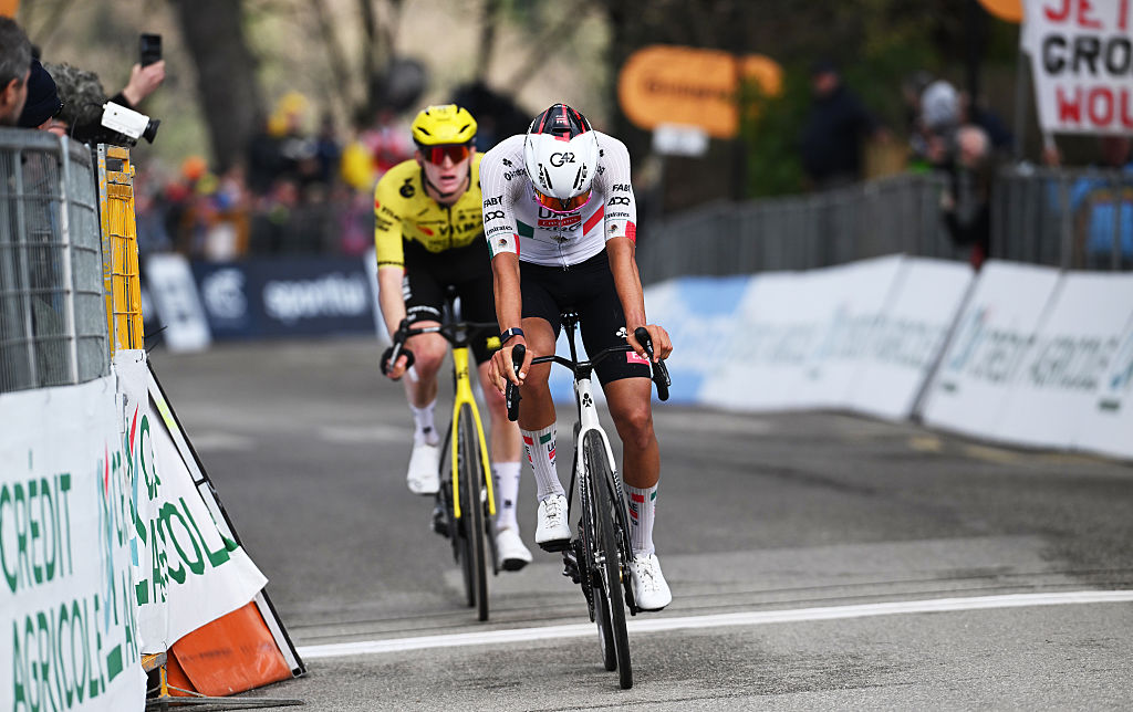 MOMBAROCCIO, ITALY - MARCH 13: Isaac Del Toro of Mexico and UAE Team Emirates - XRG during the 61st Tirreno-Adriatico 2026, Stage 5 a 184km stage from Marotta-Mondolfo to Mombaroccio 309m / #UCIWT / on March 13, 2026 in Mombaroccio, Italy. (Photo by Tim de Waele/Getty Images)