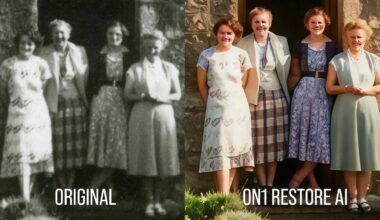 A split image shows four women standing side by side. The left side is an old, blurry black-and-white photo labeled “Original.” The right side is a clear, color-restored version labeled “ON1 Restore AI.”.