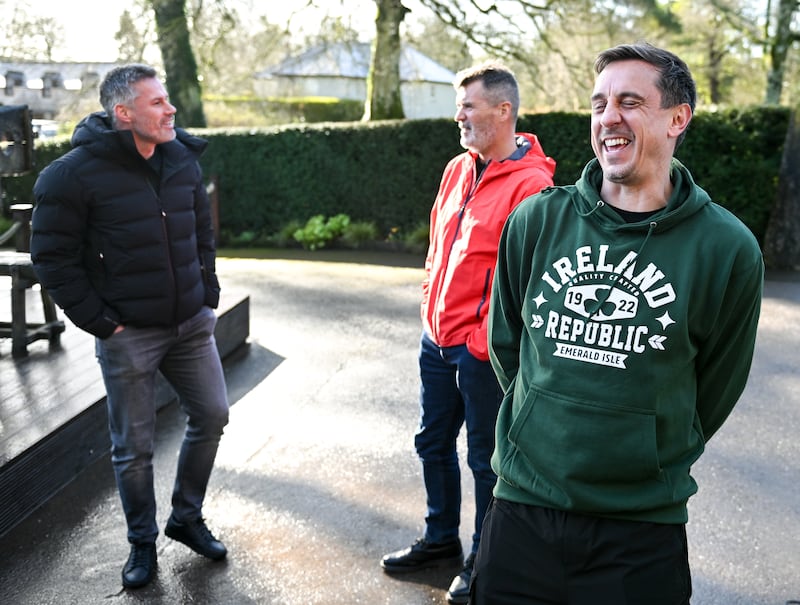 Roy Keane, centre, at the filming of 'Gary Neville's The Overlap on Tour' at Blarney Castle, Co Cork, with Jamie Carragher, left, and Gary Neville. Photograph: David Fitzgerald/Sportsfile